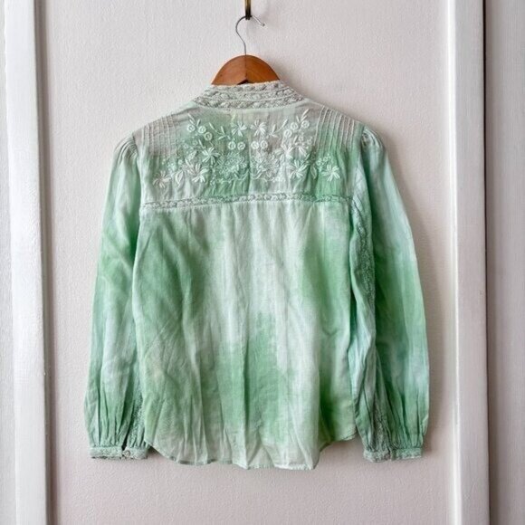 LoveShackFancy Ronda Embroidered Lace Trim Blouse in Jade Mist Hand Dye - Picture 9 of 11